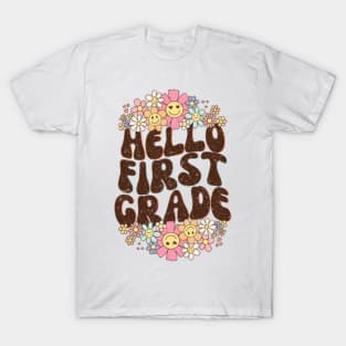 Groovy Hello First Grade Vibes Retro Teacher Back To School T-Shirt
